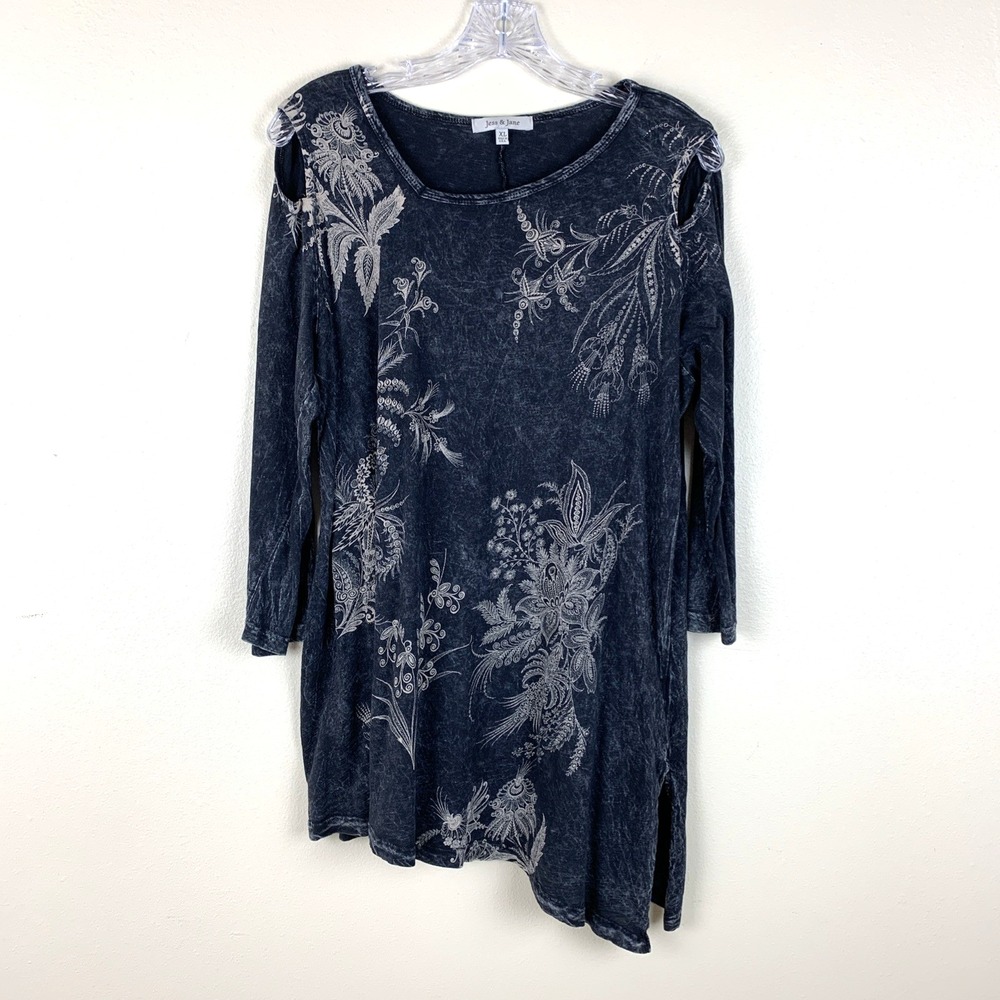 Jess & Jane Tunic Top Asymmetrical Hem Cold Shoulder Mineral Wash Boho Gray XL